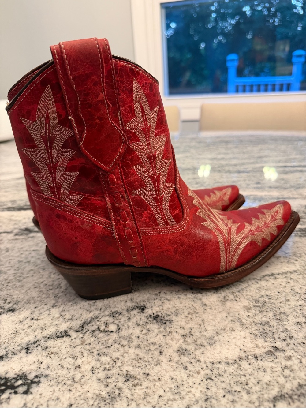 Red Leather Western Ankle Booties with Embroidered Detail - Picture 7 of 12